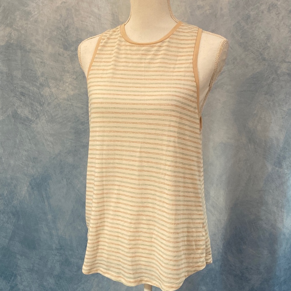 🌺2for$20🌺 REI Cream Tan & Blue Striped Tank Top Size Small Racerback Extra Long
